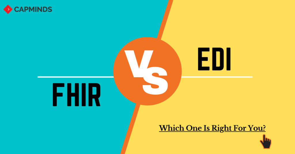 Blue and yellow gradient image with text FHIR and EDI in the front to depict the difference of function between them