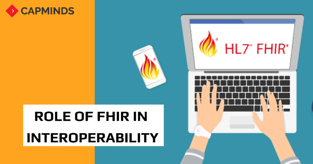 HL7 FHIR in flame icon is been displayed on laptop and mobile device