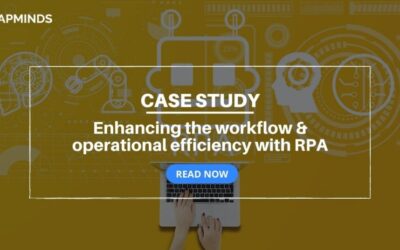 The robotic head,arm, and chip is been shown along with the laptop in the front depicting the robotic process automation enhancing the workflow and operational efficiency