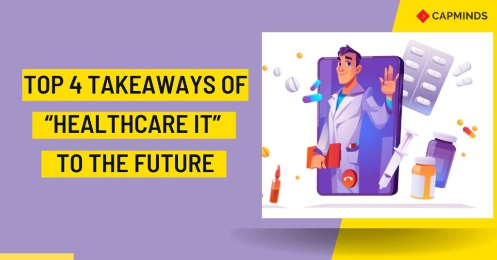Different types of medical icons are shown along with a doctor depicting the future of healthcare it