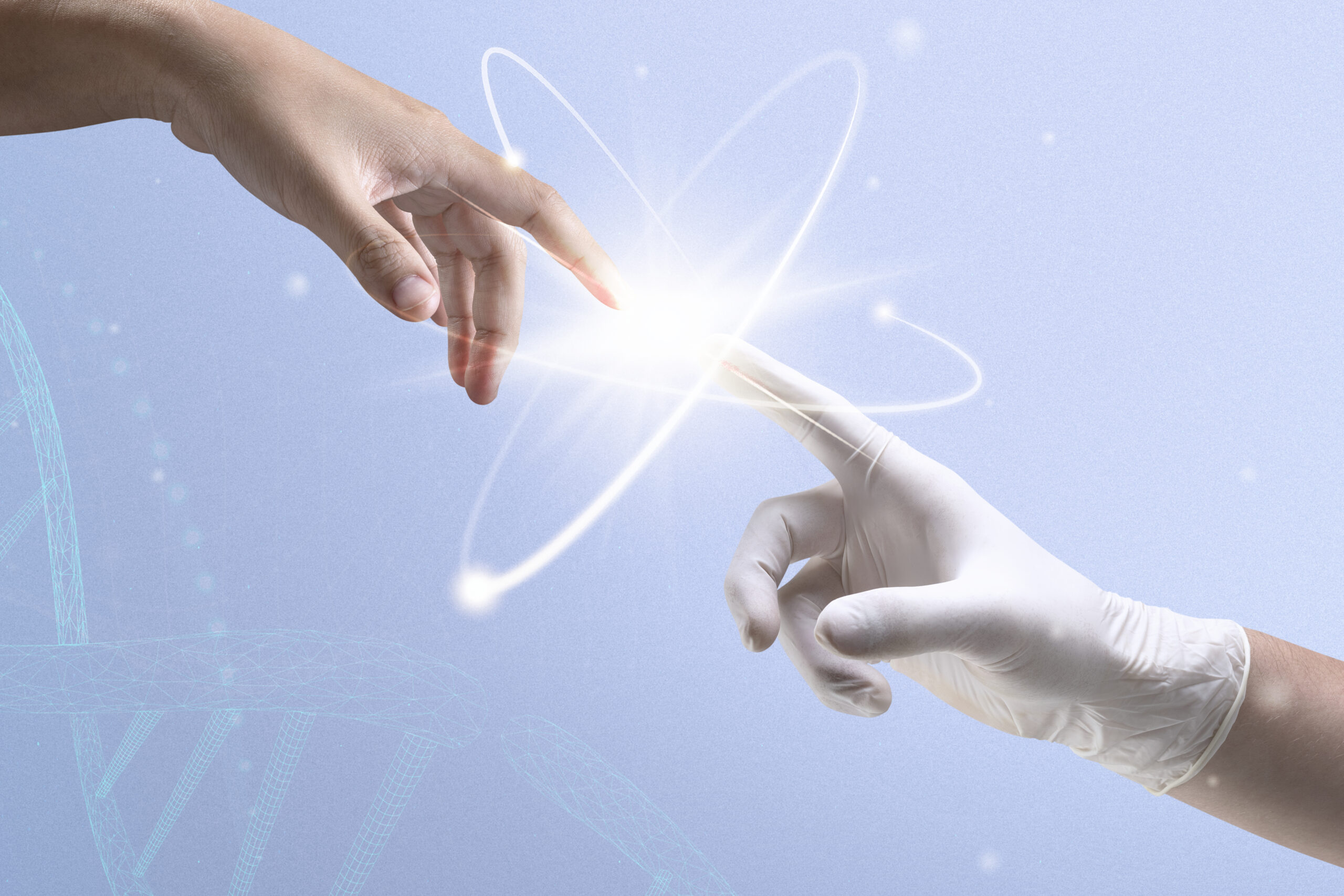 Atom biotechnology nuclear medicine with scientist’s hand