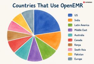 Pie chart depicting the use of OpenEMR by various major healthcare-related regions like the US, India, Latin America, and Europe.