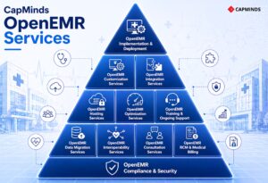 Infography of openEMR services that includes implementation, customization, integrations, hosting, and compliance