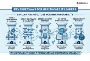 Five-pillar interoperability architecture for healthcare data exchange and system reliability.