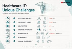 Challenges in healthcare IT include compliance, cybersecurity, legacy systems, and availability.