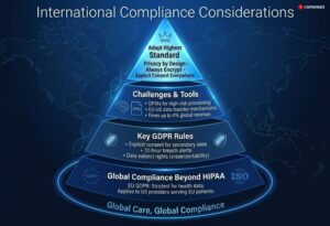 Pyramid of global compliance with GDPR rules, risk tools and top security standards.