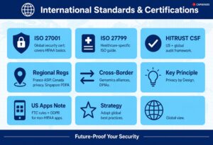 Compliance standards for global healthcare data security, like ISO 27001, HITRUST, and others.