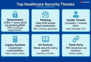 Key threats to the healthcare industry like ransomware, phishing, insiders, IoT issues, and vendors.