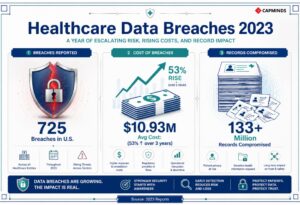 Healthcare data breach statistics showing breach count, cost impact, and compromised records.