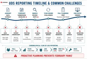 UDS reporting schedule with deadlines and common issues with data and process.
