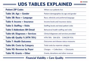 Summary of UDS tables, including financial and demographic information.