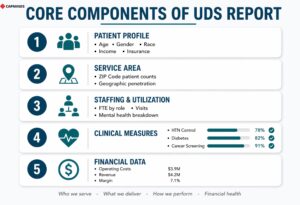Key UDS report components including patient data, services, clinical metrics, and finance.