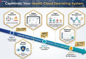 Journey towards health cloud implementation at CapMinds, including integrations, workflows, and support.
