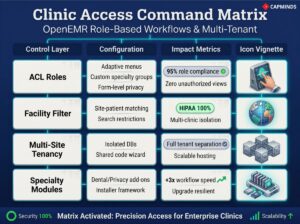 Matrix showing ACL roles, facility filters, multi-tenancy, and specialty module configurations.
