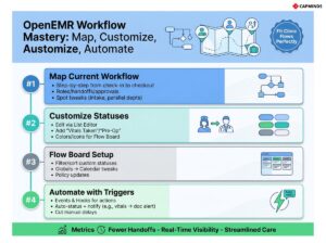 4-stage workflow guide: Map Current Workflow, Customize Statuses, Flow Board Setup, and Triggers.