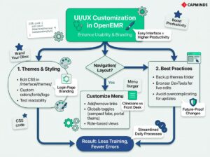 Flowchart showing UI/UX customization through themes, navigation edits, and CSS best practices.