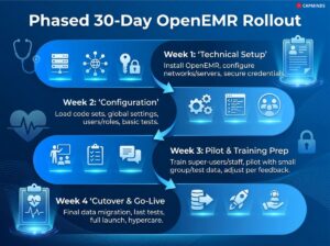 4-week timeline showing technical setup, configuration, pilot training, and cutover stages.