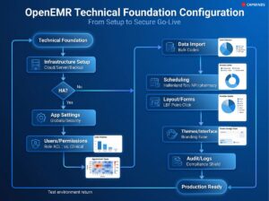 Flowchart mapping OpenEMR setup from infrastructure and security to data import and audit logs.