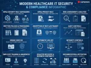 12-block grid covering HIPAA rules, risk assessment, disaster recovery, and employee training.