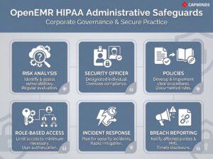 6-box grid detailing Risk Analysis, Security Officer roles, Incident Response, and Breach Reporting.