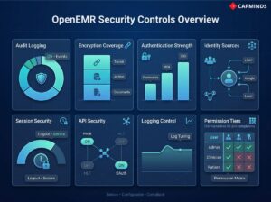 Dashboard showing Audit Logging, Encryption Coverage, MFA strength, and Permission Matrix.
