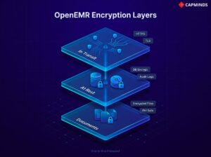 Isometric 3D layers showing encryption In Transit (HTTPS/TLS), At Rest (DB), and for Documents.