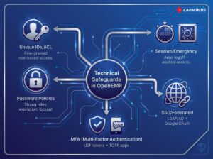 Blue circuit diagram mapping MFA, Password Policies, SSO, and Emergency Session management.