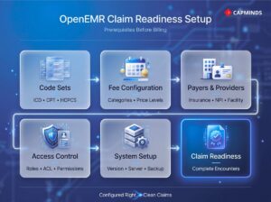 6-step flow showing Code Sets, Fee Configuration, Payers, Access, System Setup, and Readiness.