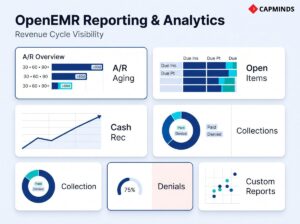 Dashboard grid showing A/R aging, open items, cash recovery, denials, and custom reports.