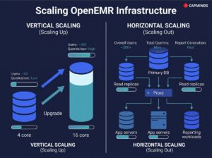 Comparison of Scaling Up (increasing core power) vs. Scaling Out (adding read replicas and servers).