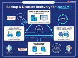 Diagram showing Local Backup, Offsite Cloud Backup, and a Warm Standby environment for failover.