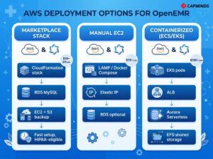 Comparison of Marketplace Stack, Manual EC2, and Containerized (ECS/EKS) hosting on AWS.