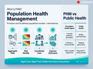 Side-by-side comparison showing how PHM focuses on insured patients and clinical ROI, while public health serves entire communities with prevention-first approach.