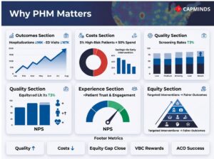 Key impact areas of population health management including outcomes, cost reduction, experience, and equity improvements