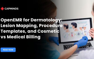 OpenEMR for dermatology showing lesion mapping, procedure templates, and cosmetic vs medical billing workflows