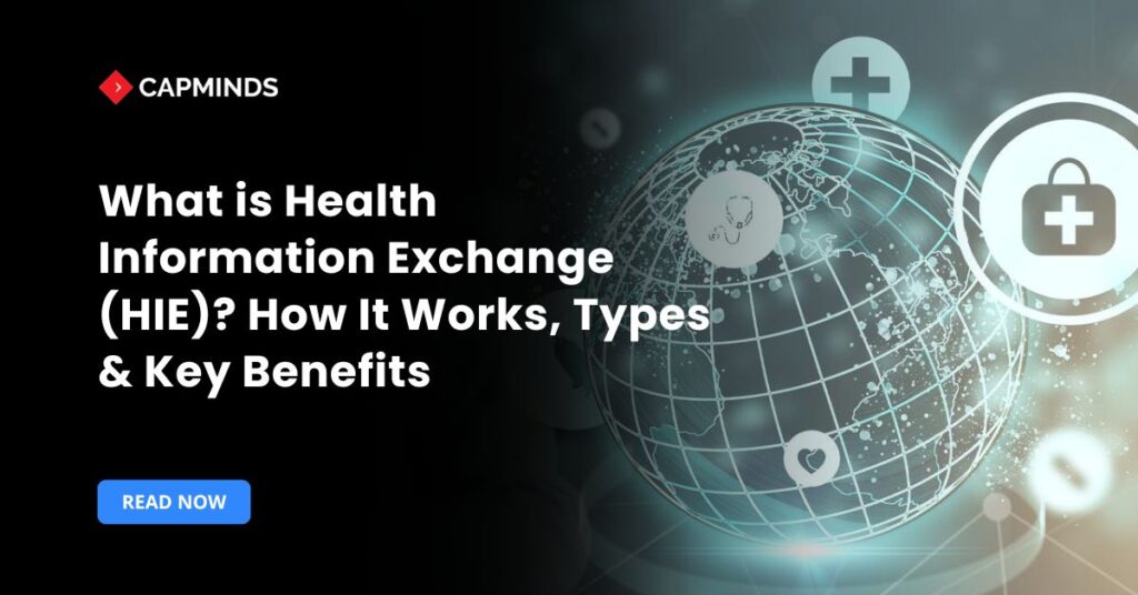 Health Information Exchange guide showing connected healthcare network, HIE workflows, types, and key benefits