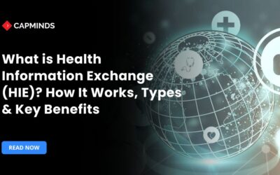 Health Information Exchange guide showing connected healthcare network, HIE workflows, types, and key benefits
