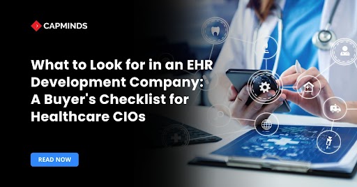 EHR development company buyer’s checklist for healthcare CIOs with digital healthcare workflow and medical technology interface visualization
