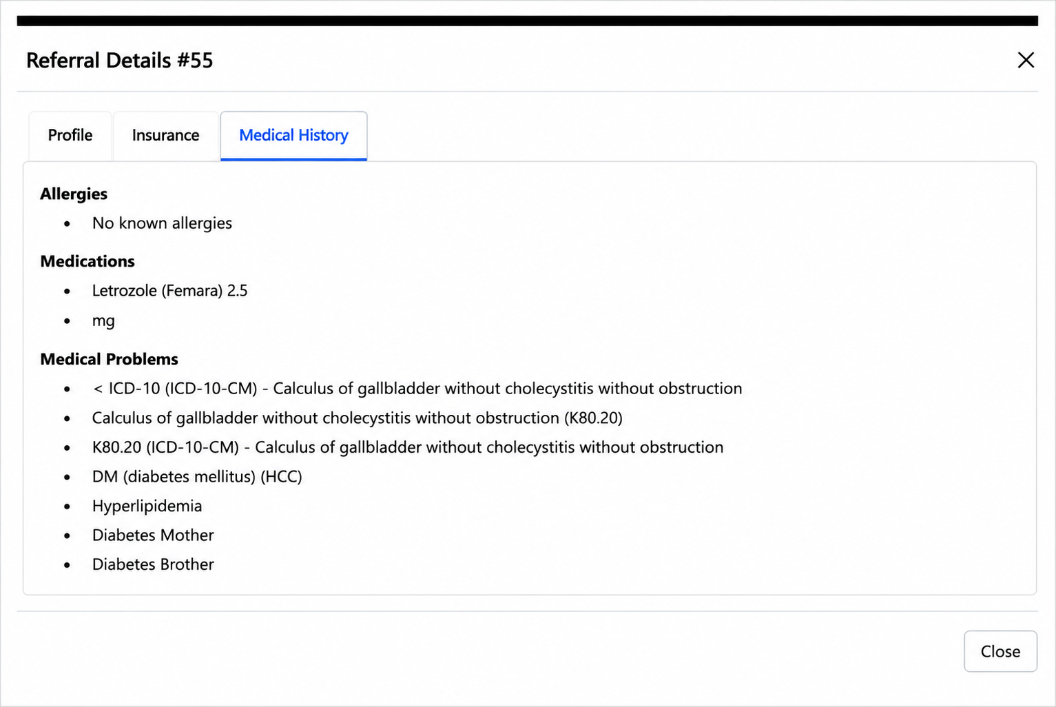 Referral Details Modal Interface